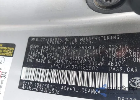 2007 Toyota Camry Le из США, поврежденный, VIN 4T1BE46K37U183502